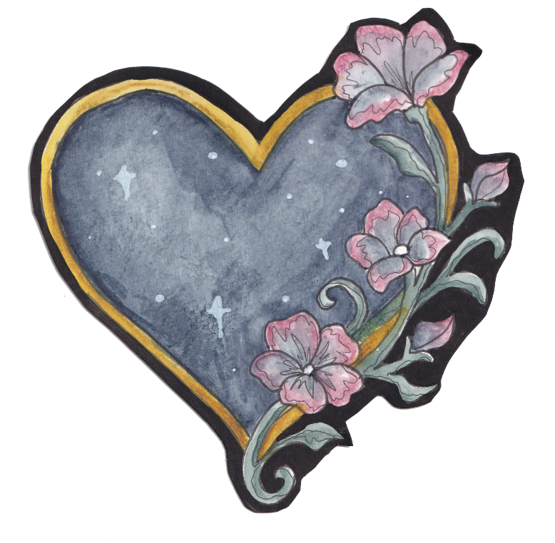Watercolor painting of a heart with a dark, starry night sky inside and pink flowers with green leaves around the edge. Goth, Dark Academia, Whimsy Goth. 