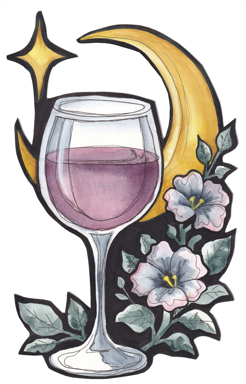 A watercolor illustration of a wine glass filled with red wine, surrounded by a crescent moon, a star, holly leaves, and pink morning glories with green leaves. Goth, Dark Academia, Whimsy Goth. 