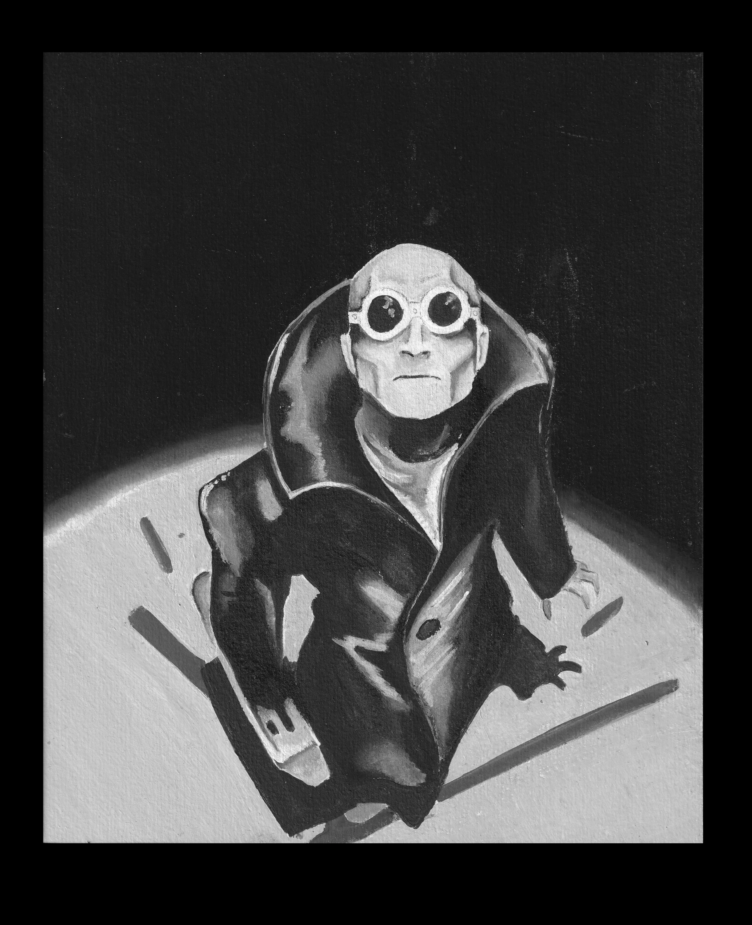 Black and white painting of an alien with large round glasses, wearing a trench coat, sitting on a surface with a shadow cast behind.