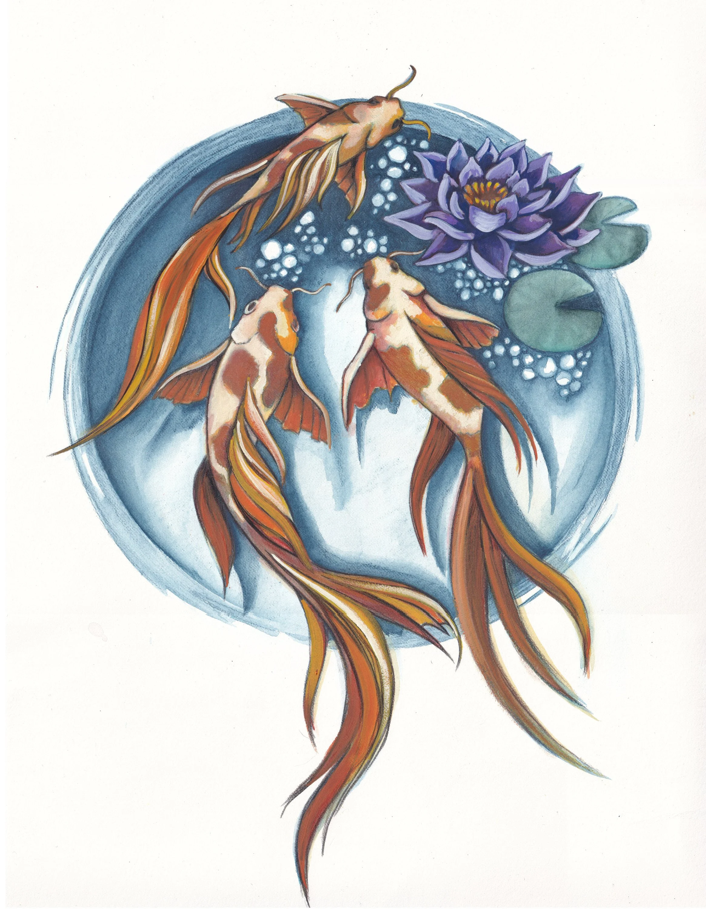 Watercolor painting of three orange and white koi fish swimming in a pond with a purple water lily flower and lily pads nearby.