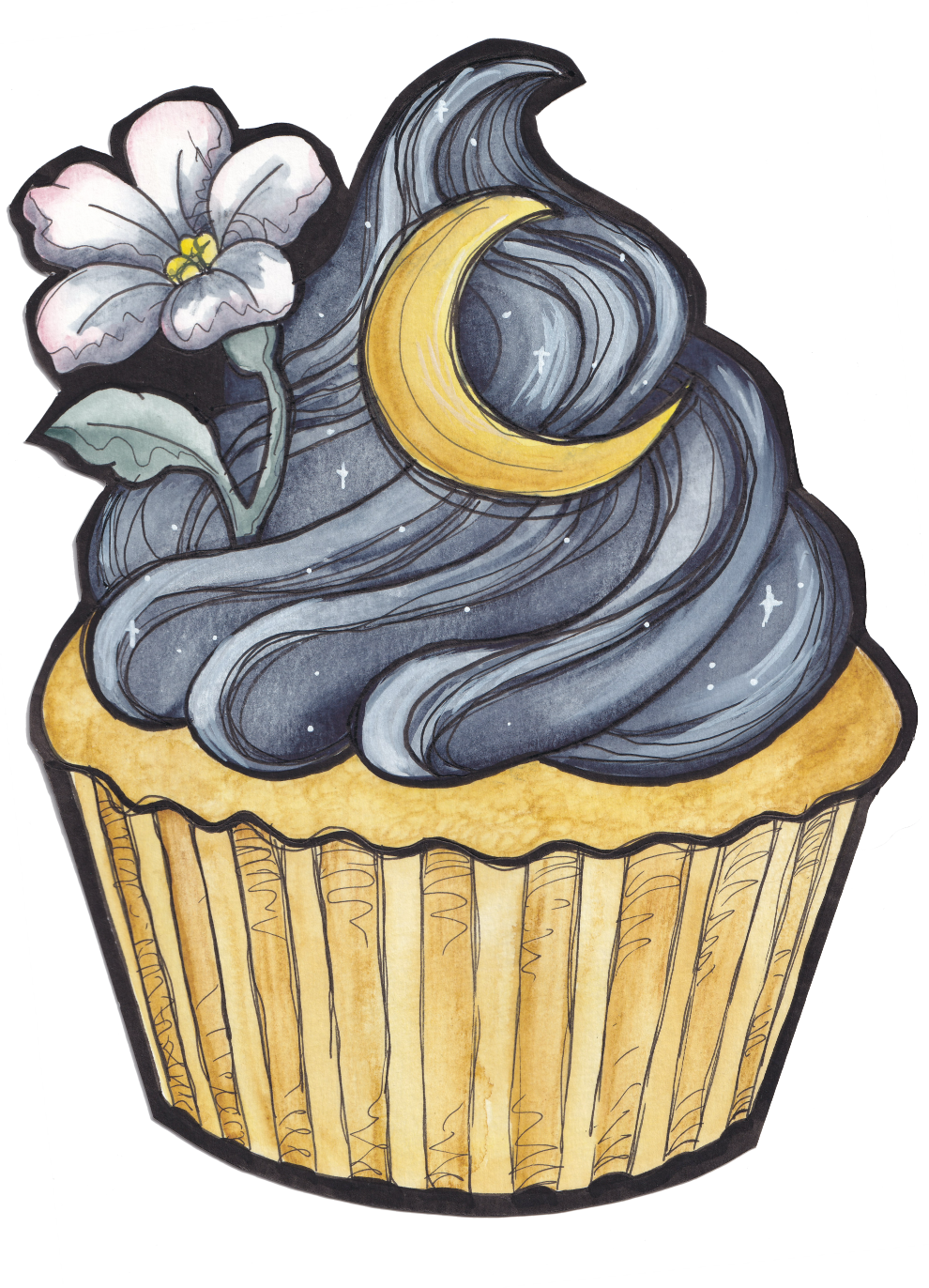 A cupcake with galaxy-themed blue and black swirled frosting topped with a yellow crescent moon and a pink and white flower with green leaves.