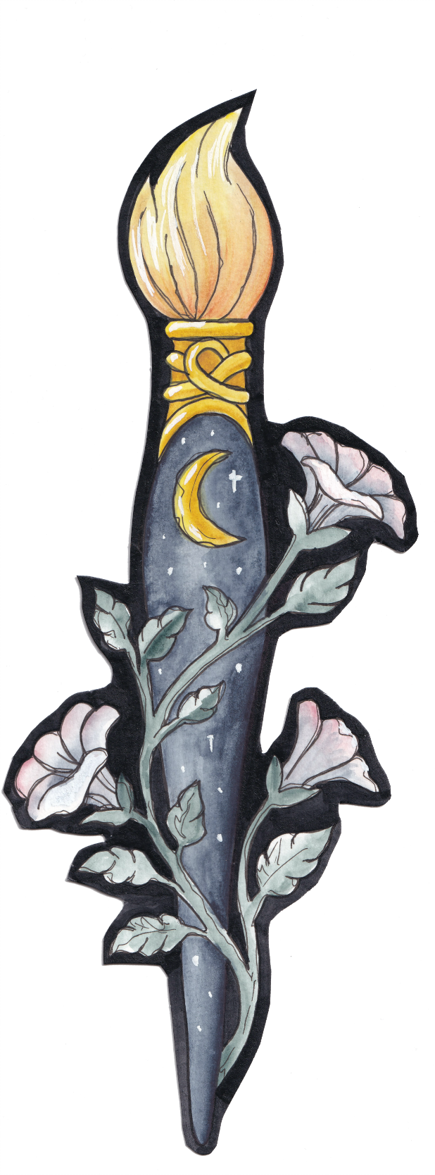 A watercolor sticker illustration of a bong with a flame at the top, a crescent moon and star against a night sky inside the body, surrounded by white roses and leaves. Goth, Dark Academia, Whimsy Goth. 