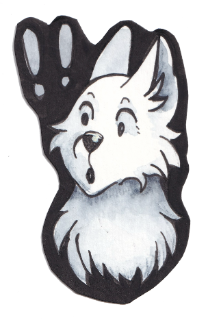 Cartoon wolf with a surprised expression, waving with paw raised.