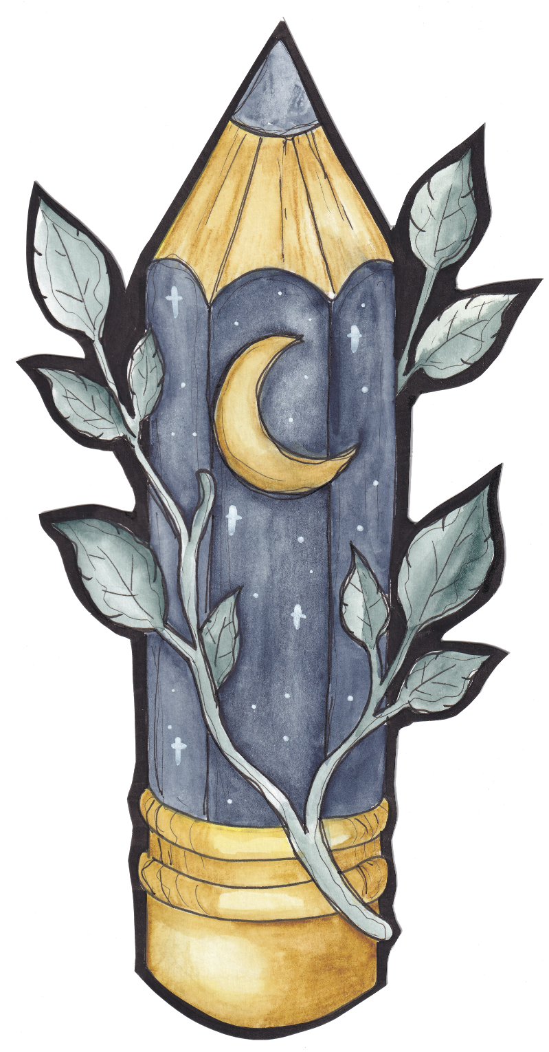 Watercolor illustration of a plant in a yellow pot with a blue dark background featuring stars, a moon, and a small yellow lampshade on top. Goth, Dark Academia, Whimsy Goth. 