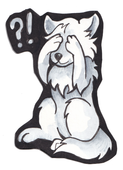 Cartoon of a dog covering its eyes with its paws, with a questioning expression and an exclamation mark in a speech bubble.