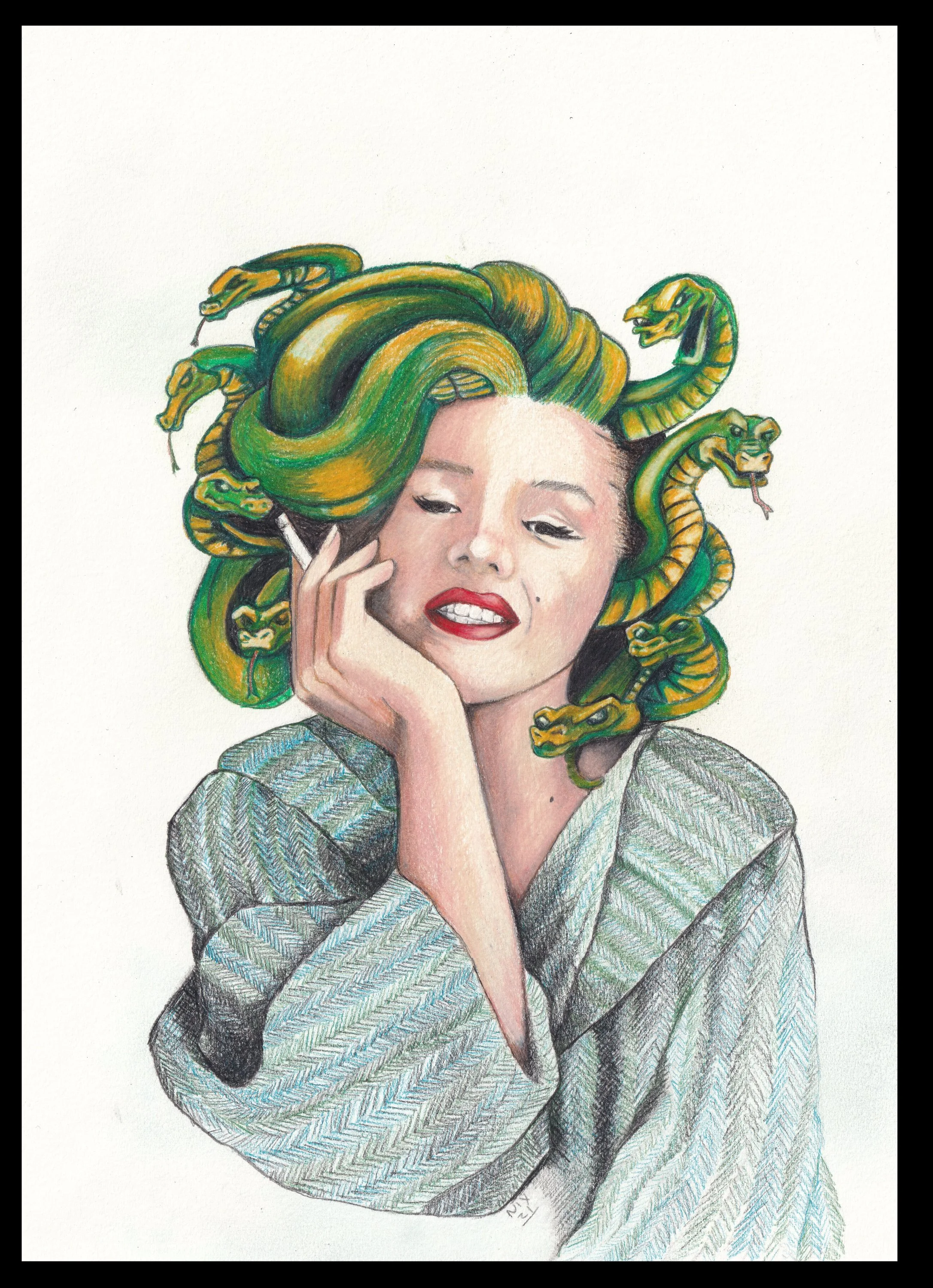 A woman with dark hair styled with multiple green and yellow snakes with open mouths and visible fangs, resembling Medusa, while she holds a cigarette and wears a textured, patterned coat. Marilyn Monroe, Medusa. 