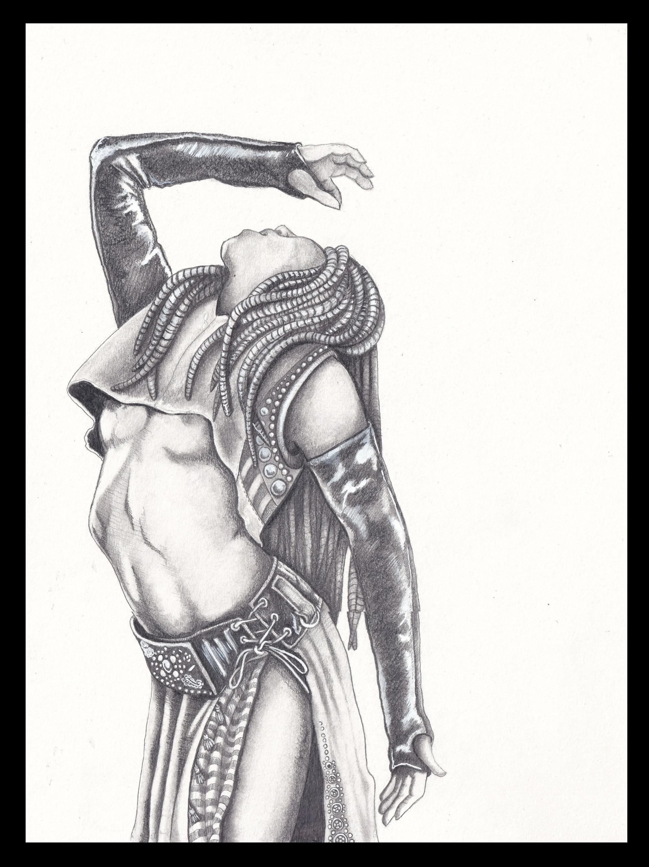 Black and white artistic drawing of a woman with braided hair, wearing a crop top, a skirt, and arm coverings, striking a pose with her head tilted back and hand raised.