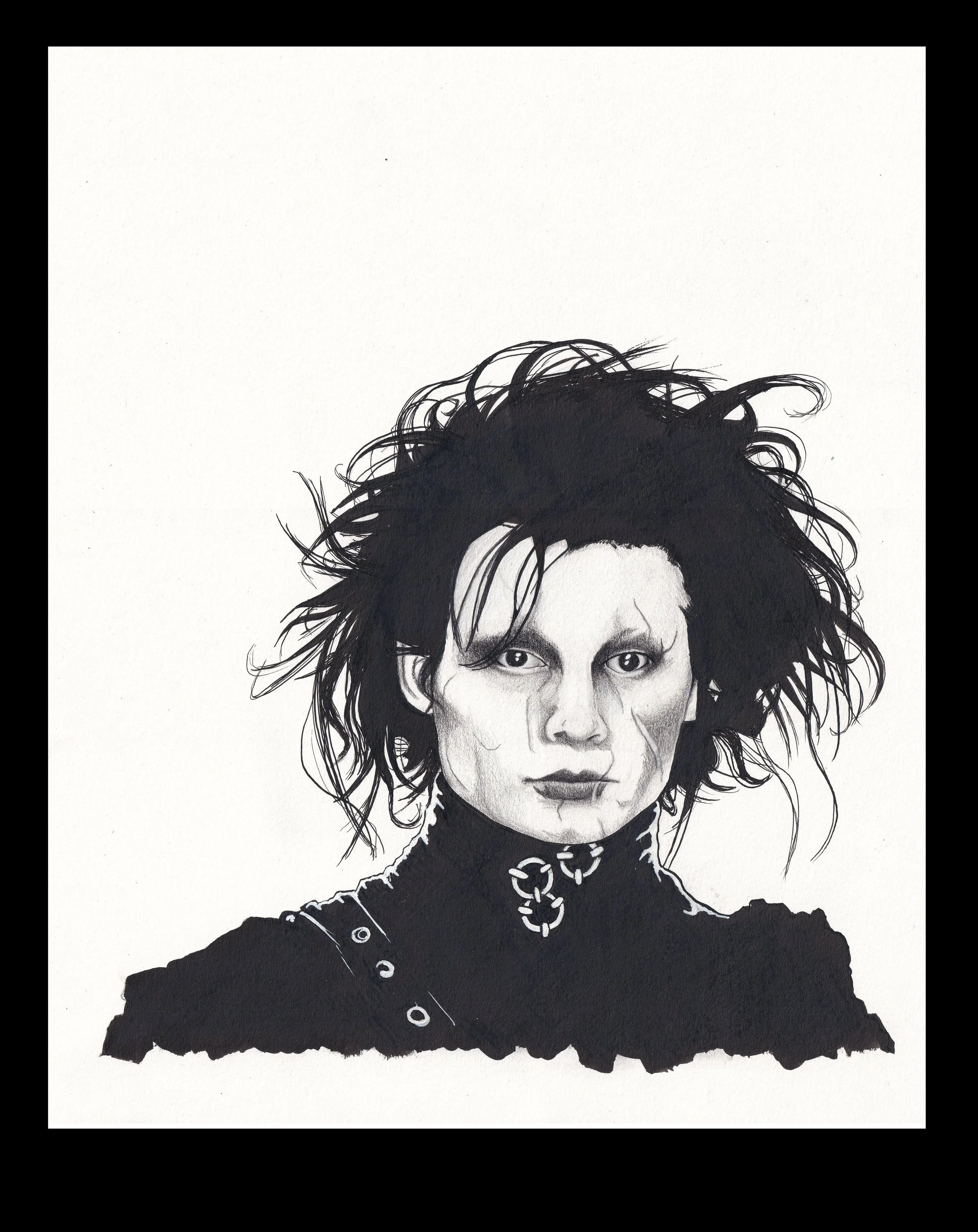 Black and white sketch of a person with wild, messy hair, wearing a high-collared, dark outfit with metal eyelets and a choker with a chain around the neck. Edward Scissor hands, Johnny Depp, goth.