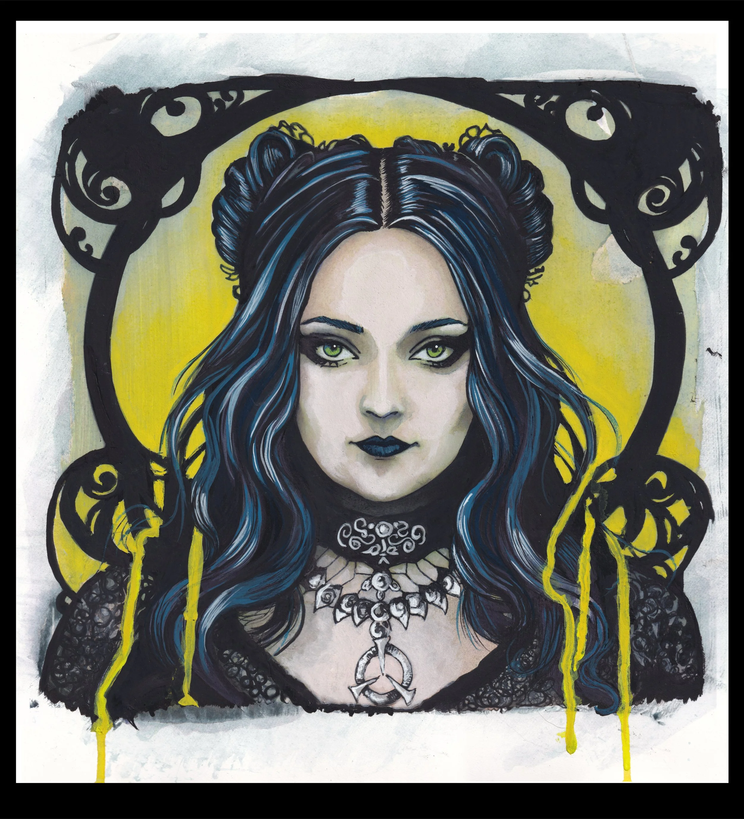 A digital painting of a woman with long, wavy blue-black hair and green eyes, wearing dark makeup and a gothic choker with detailed jewelry, set against a yellow background with decorative black elements surrounding her face.