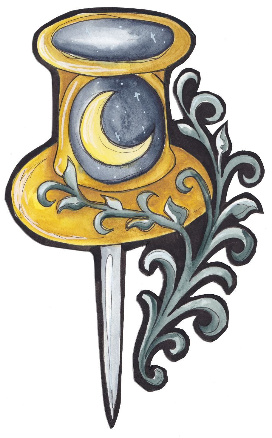 Watercolor illustration of a yellow lamp with a grey moon and star design, surrounded by decorative grey and white swirling plant patterns. Goth, Dark Academia, Whimsy Goth. 