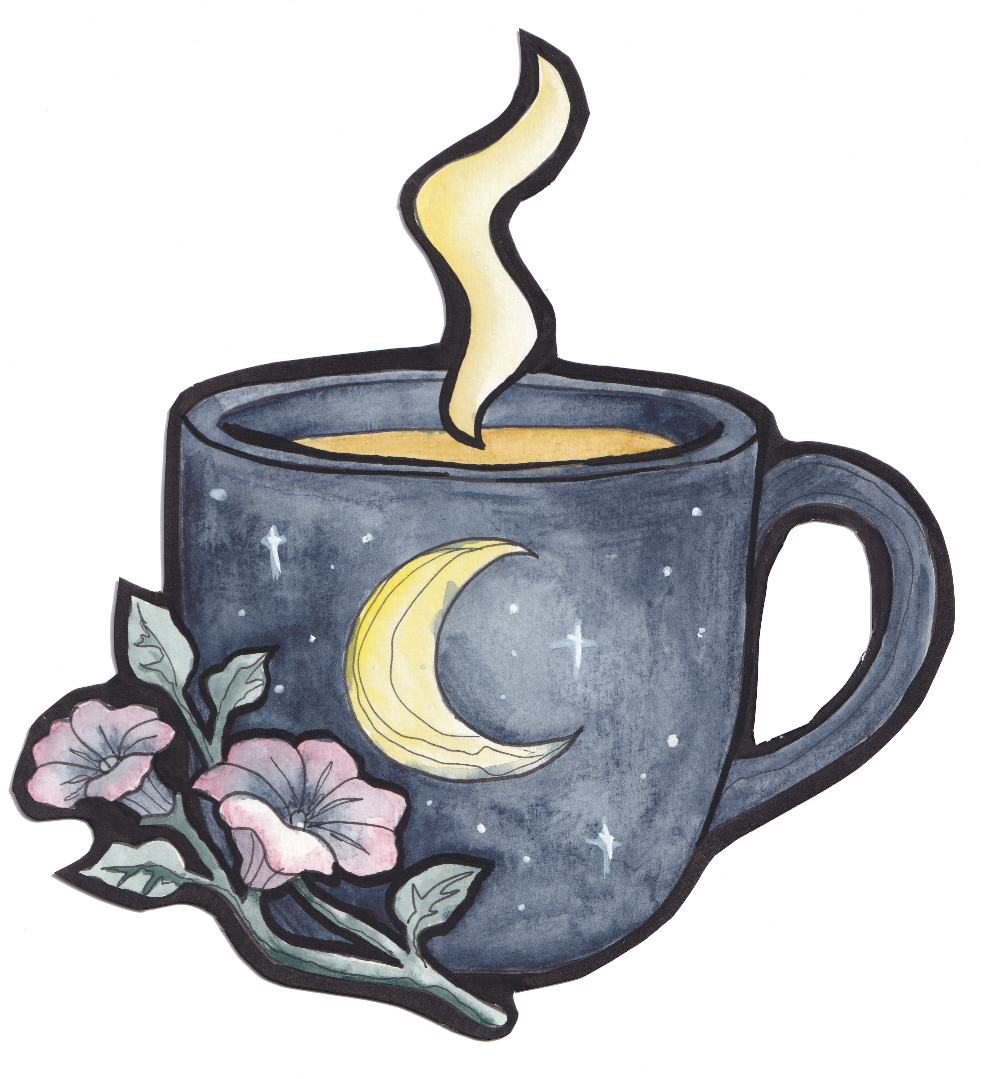 A watercolor illustration of a dark blue mug decorated with a yellow crescent moon and small stars, filled with a hot beverage with steam rising from it, and adorned with pink flowers and green leaves. Goth, Dark Academia, Whimsy Goth. 