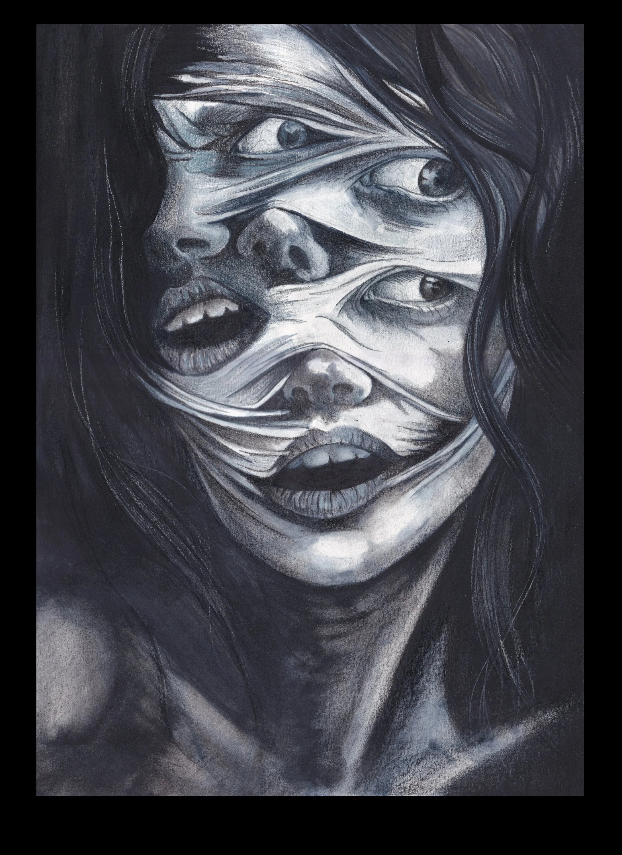 A surreal black-and-white drawing of a woman's face with multiple eyes and lips, distorted and layered with swirling lines.