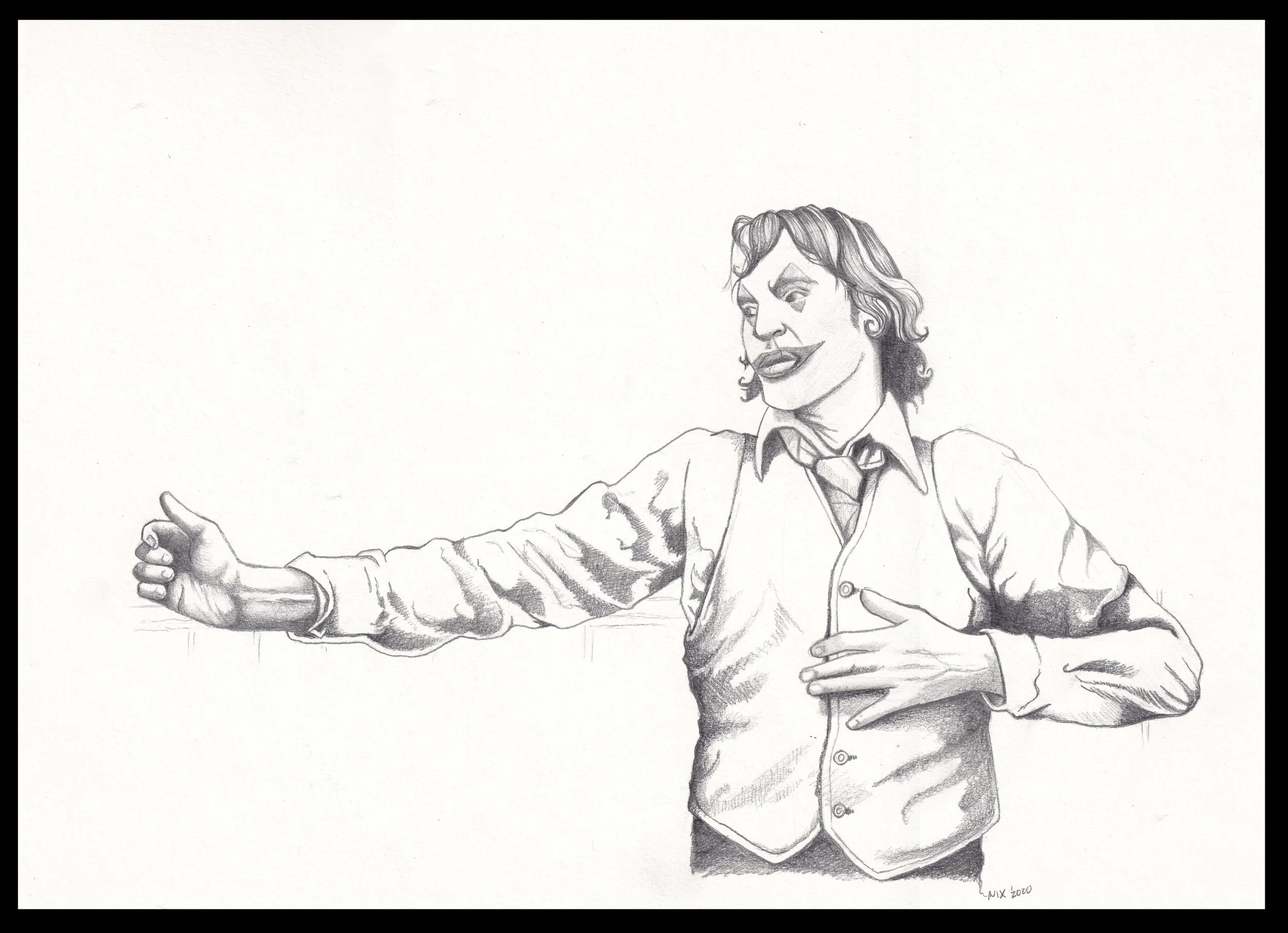 A pencil sketch of a clown-like character with exaggerated facial features, curly hair, and makeup, wearing a shirt, vest, and tie, with one arm extended outward and the other hand on their chest.