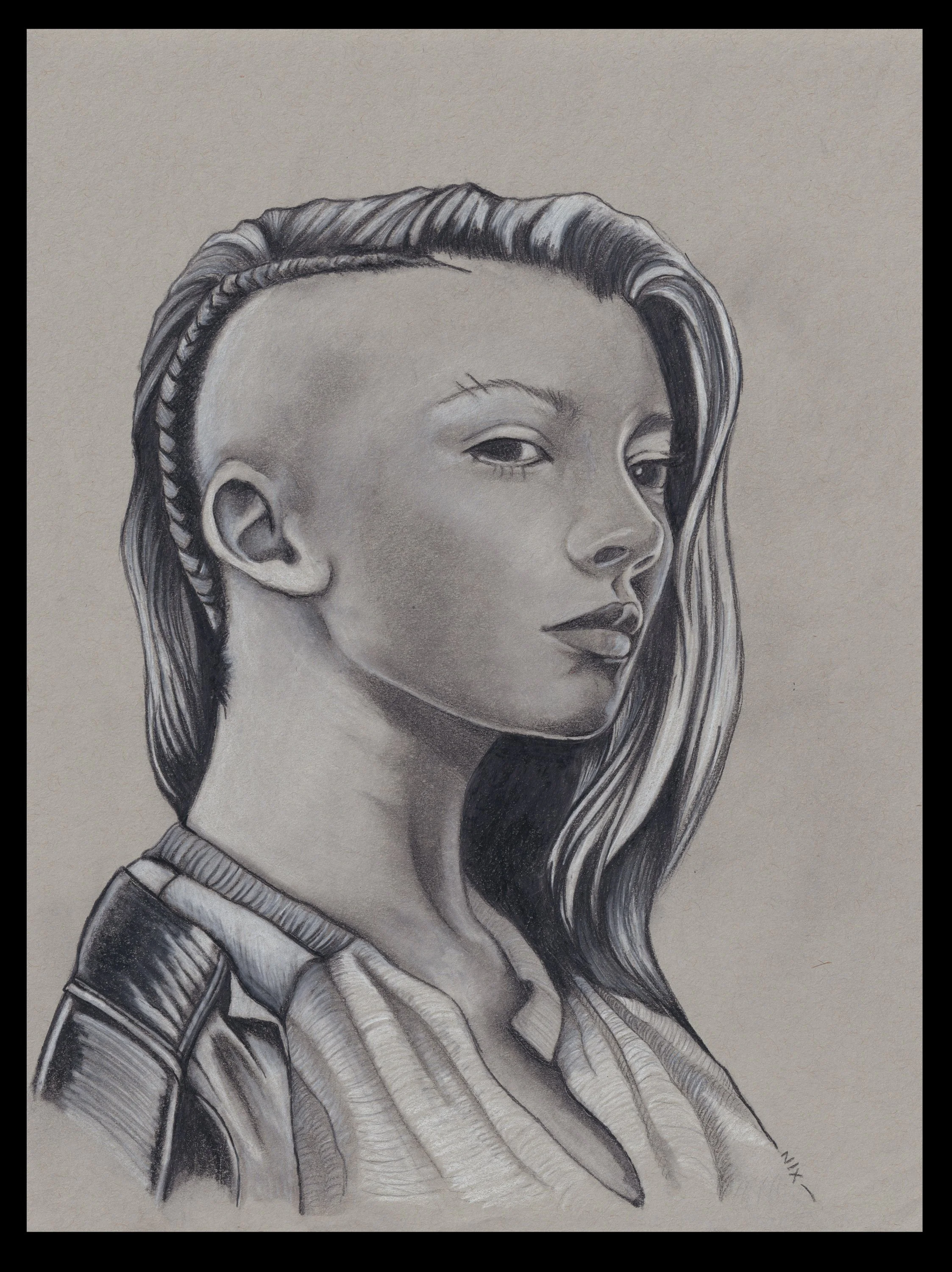 A detailed pencil sketch of a young woman with a side-shaved hairstyle, long wavy hair on one side, and wearing a jacket, looking confidently at the viewer. Hunger Games, Natalie Domer. 