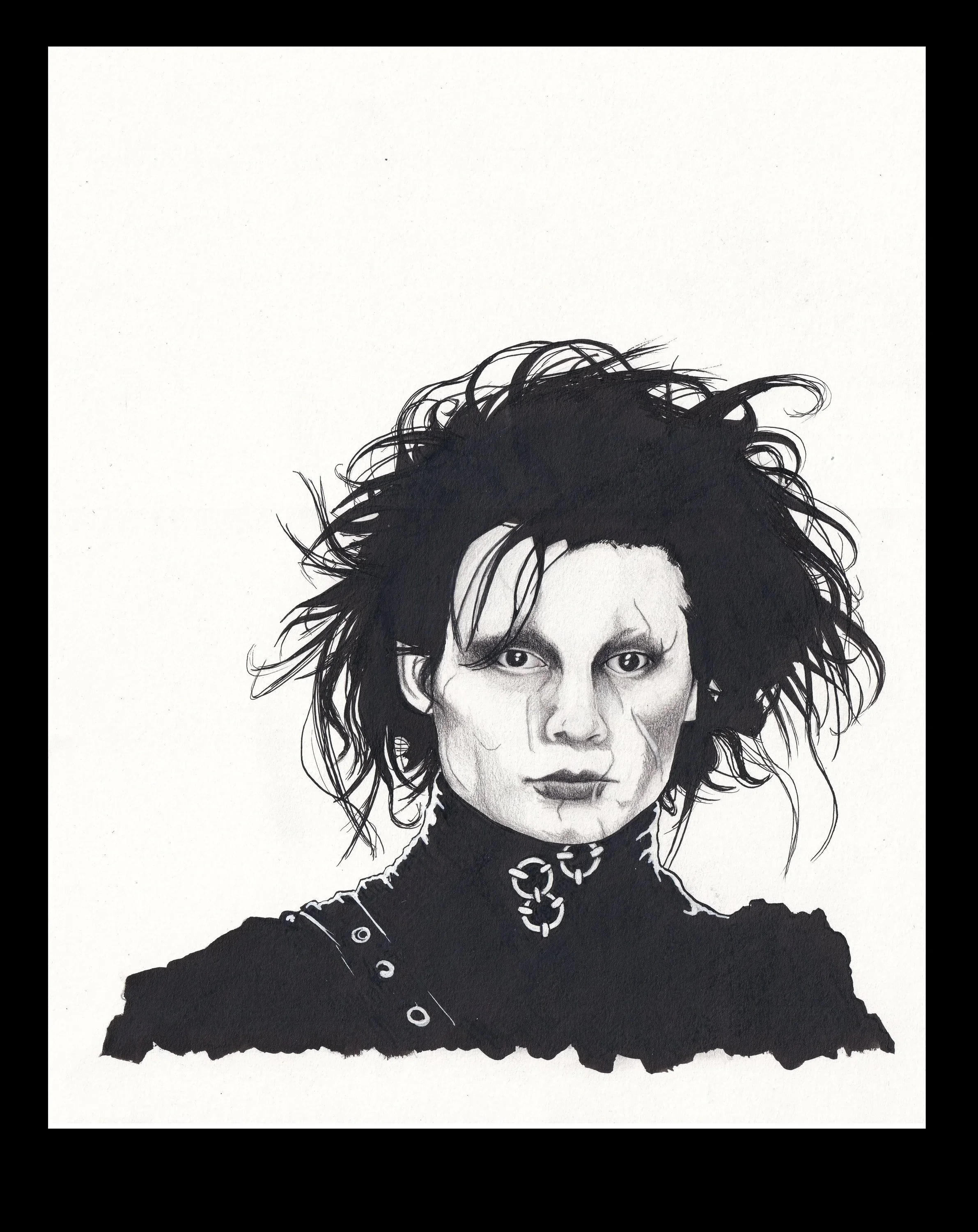 Black and white sketch of a person with wild, messy hair, wearing a high-collared, dark outfit with metal eyelets and a choker with a chain around the neck. Edward Scissor hands, Johnny Depp, goth. 