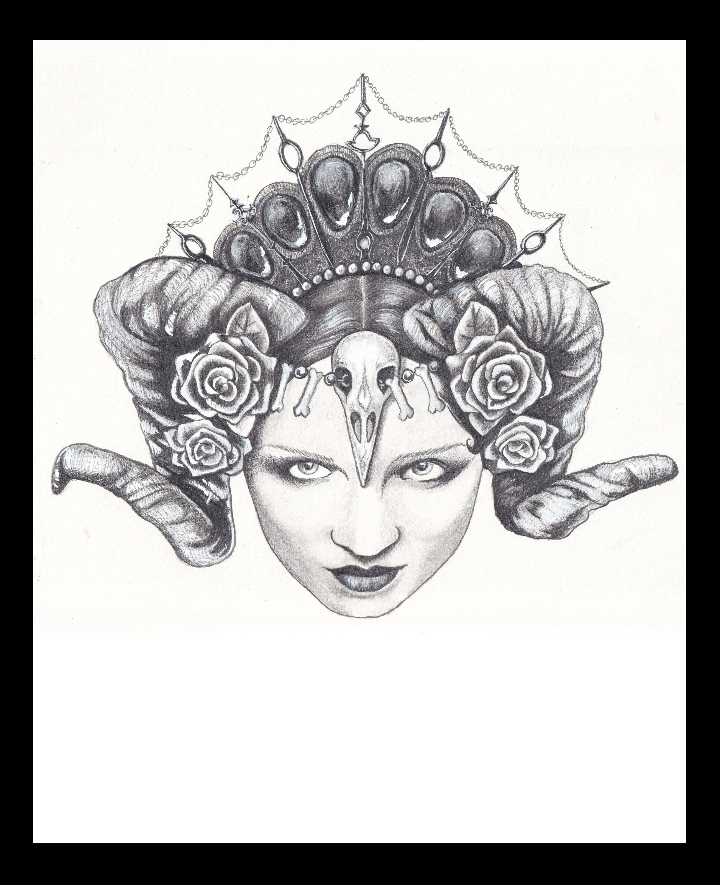 A detailed black and white drawing of a woman with a skull, roses, a crown, and horns, with intense eyes and dark lipstick. Goth, Tribal Belly Dance. Queen of the Damned. 