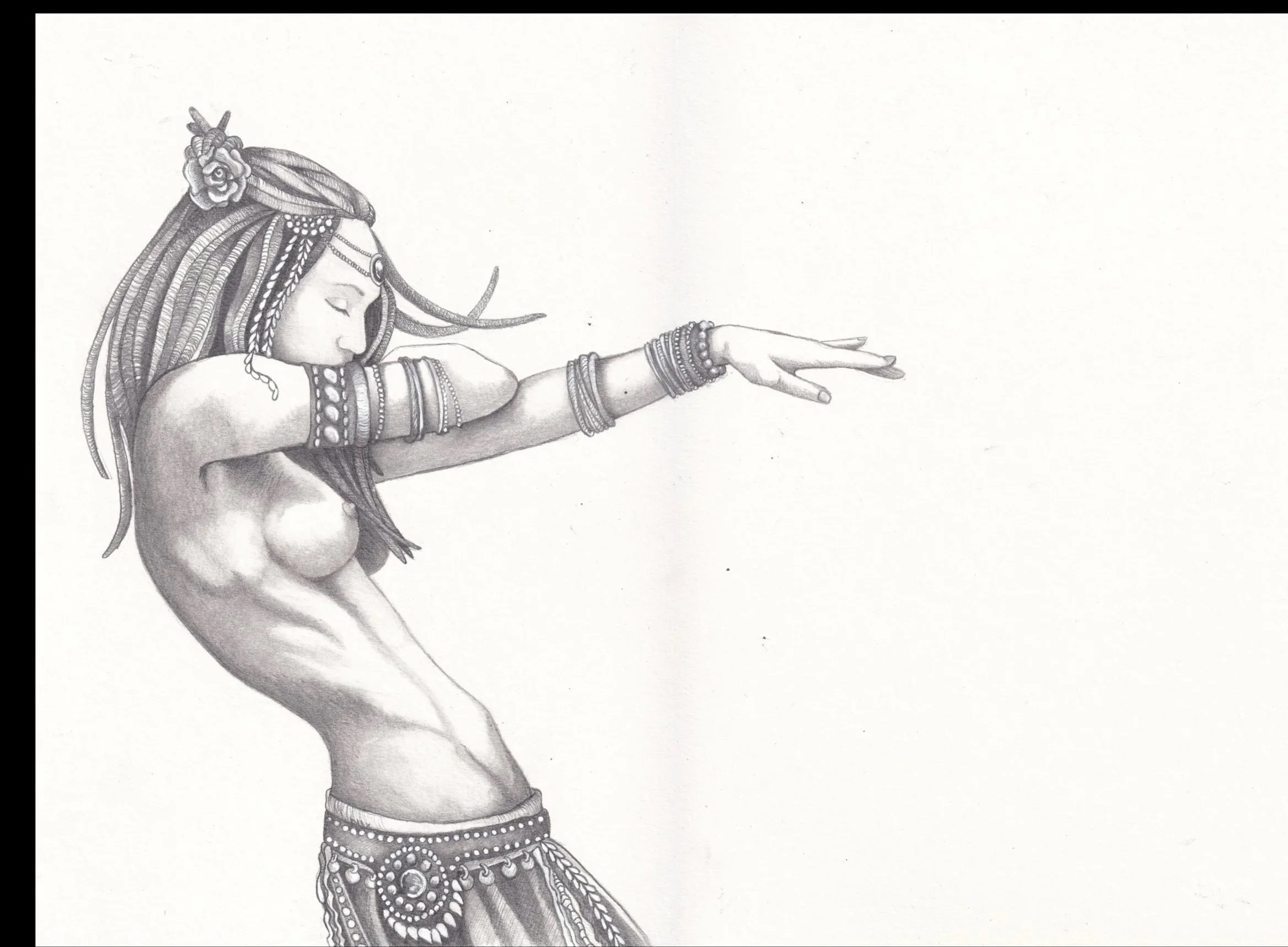 Black and white drawing of a topless woman with long braided hair, adorned with flowers and jewelry, arms extended in a dance or prayer pose.