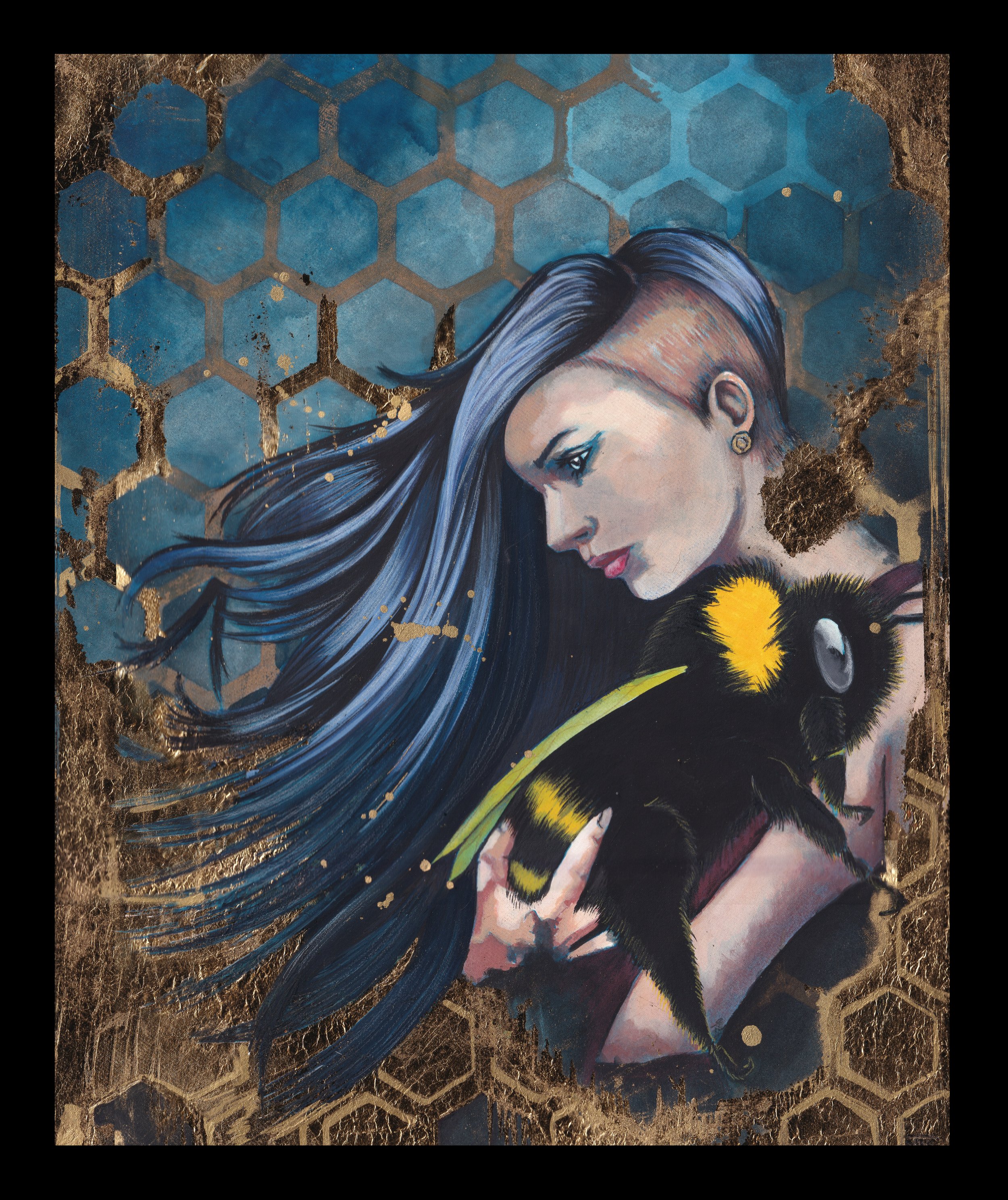 Painting of a woman with long, flowing dark blue hair, holding a bumblebee. The background features a blue hexagonal honeycomb pattern with gold accents.