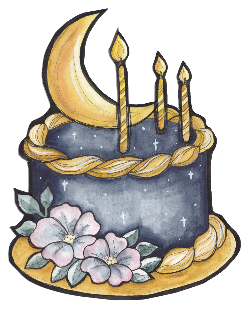 A dark blue birthday cake with a gold crescent moon and four lit candles, decorated with pink flowers and green leaves, topped with a gold braided border. Goth, Dark Academia, Whimsy Goth. 