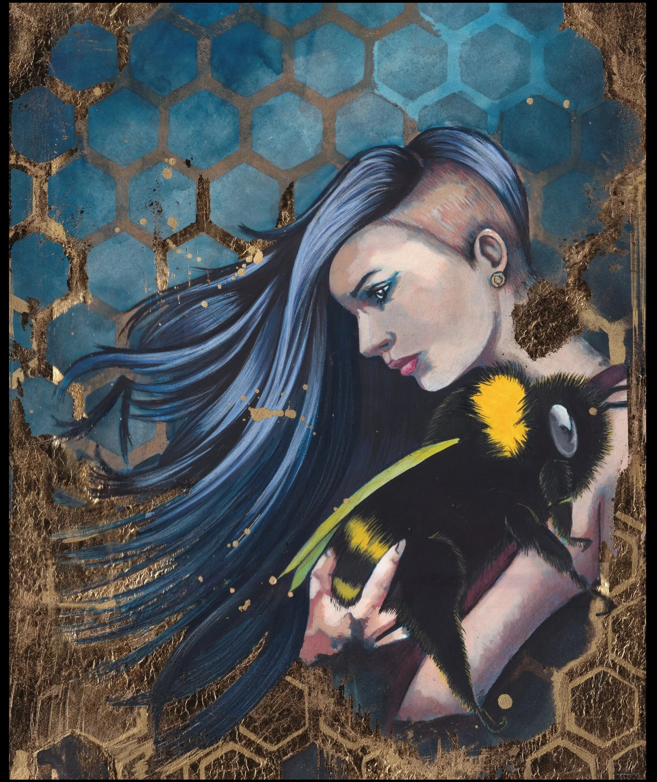 A painted portrait of a woman with long blue hair, looking down at a black bee with yellow markings that she is holding gently.