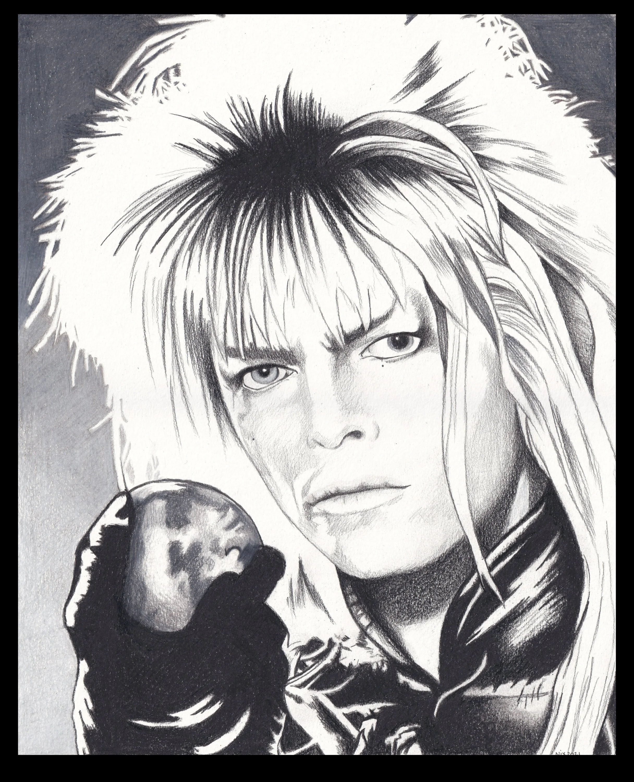 A detailed black and white pencil drawing of David Bowie with spiked hair, intense eyes, and a serious expression, holding an apple in a gloved hand. David Bowie, Labyrinth, Gareth, Goblin King, Goth. 