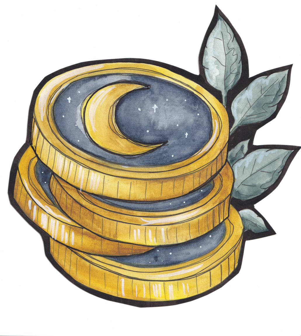Watercolor illustration of three gold coins stacked with a crescent moon and star inside on top, surrounded by green leaves. Goth, Dark Academia, Whimsy Goth. 