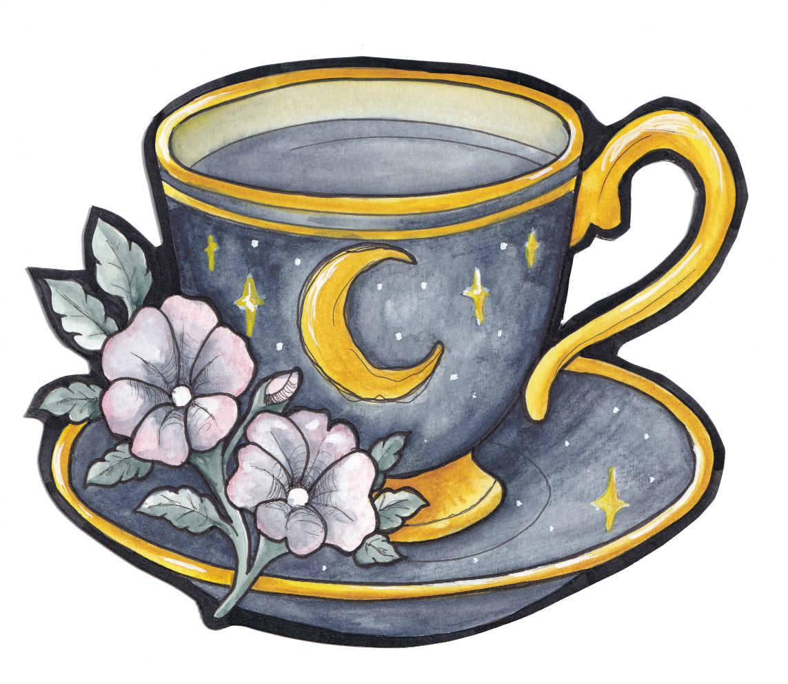 A watercolor painting of a tea cup and saucer set with a celestial theme, decorated with a yellow crescent moon, stars, and a floral arrangement of pink flowers and green leaves.