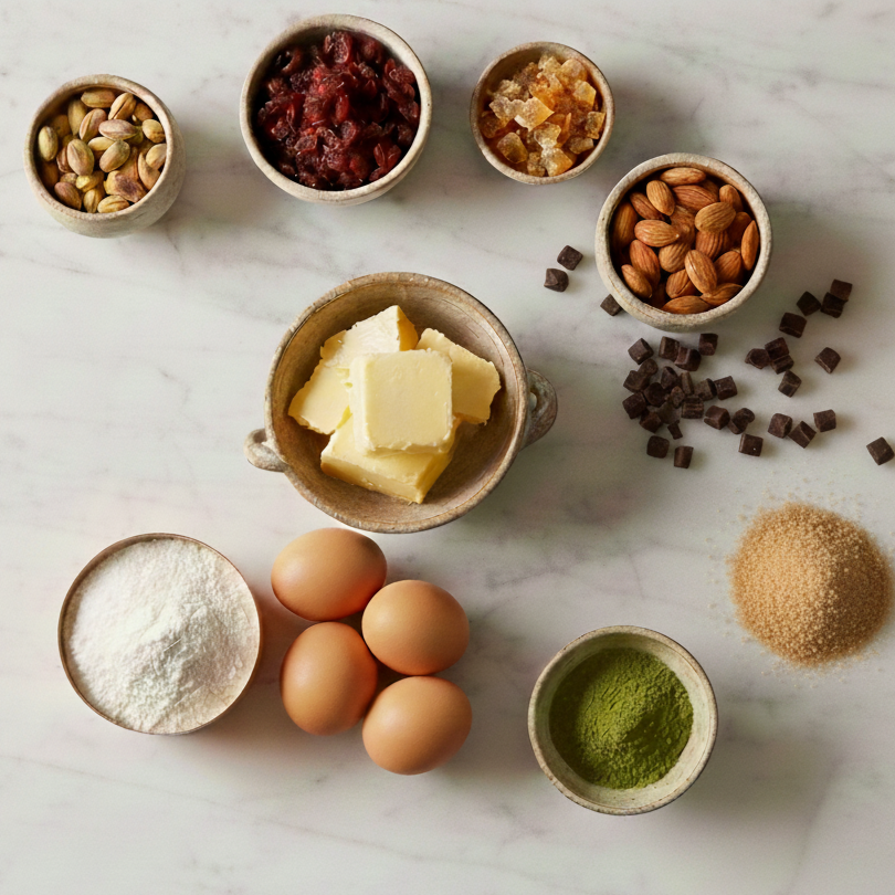 Ingredients for baking: pistachios, dried cranberries, crystallized ginger, almonds, butter, eggs, white flour, matcha green tea powder, brown sugar, mini chocolate chips, and granulated sugar on a white marble surface.
