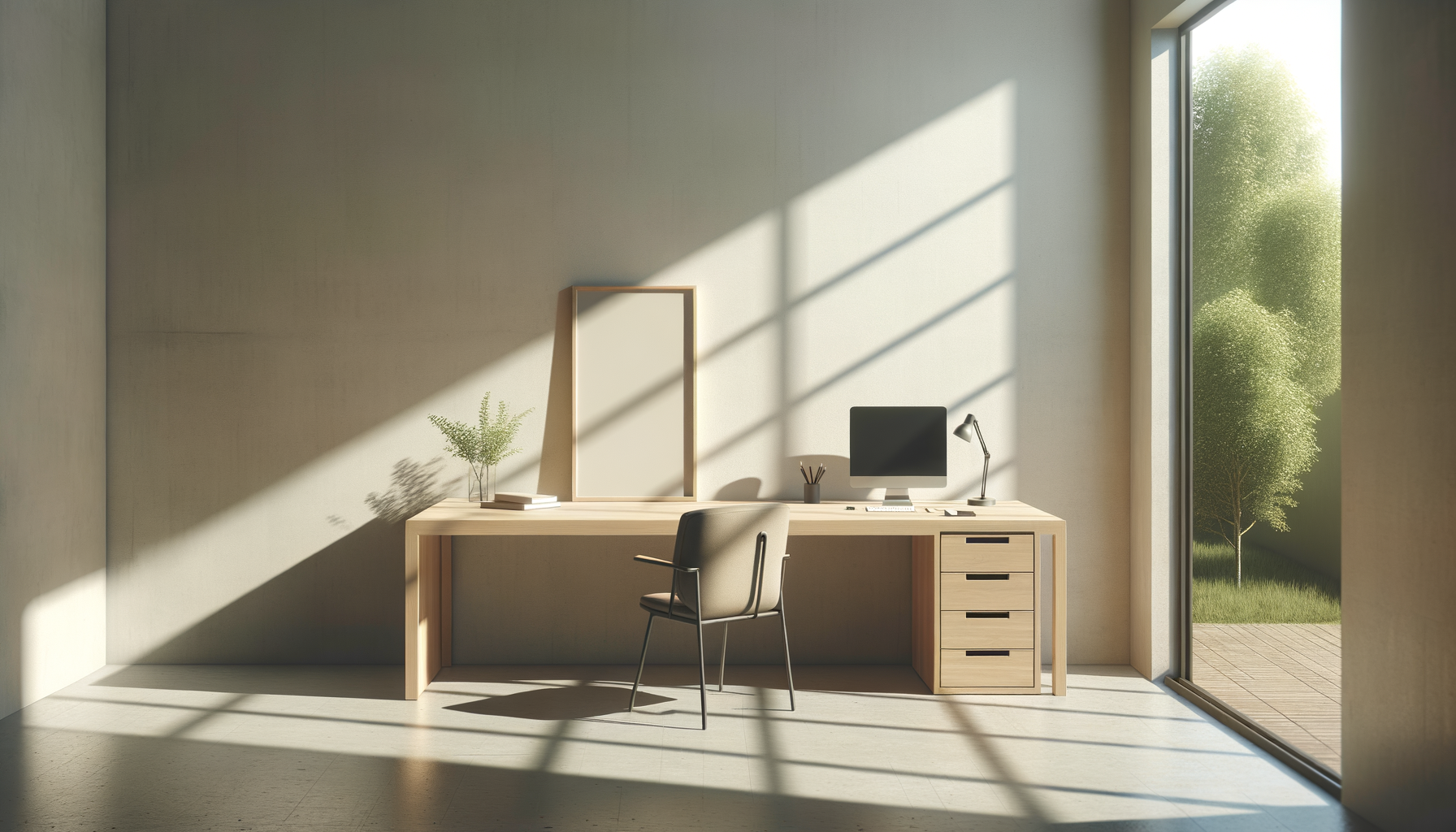 Minimalist home office with wooden desk and chair, computer, desk lamp, plants, and large sliding glass door with a view of trees outside.