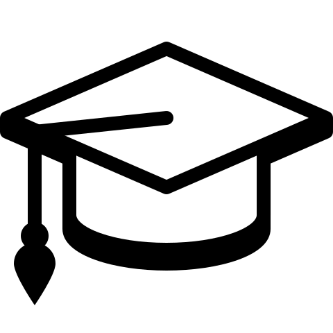 Graduation cap with a stylized quill on a black background.
