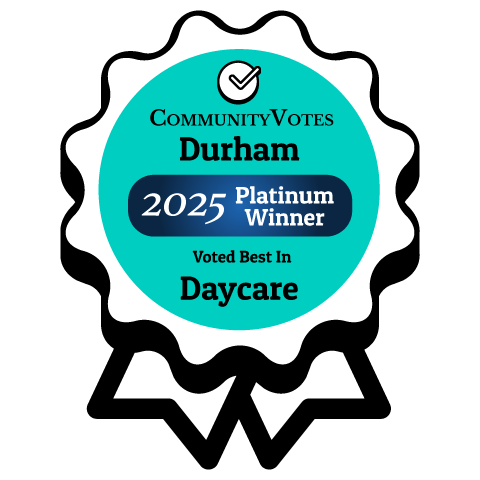 Badge indicating 2023 Community Votes Durham Platinum Winner for Best Daycare.