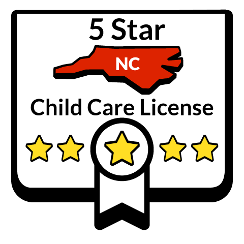A graphic indicating a 5-star child care license in North Carolina with a map outline and a star badge.