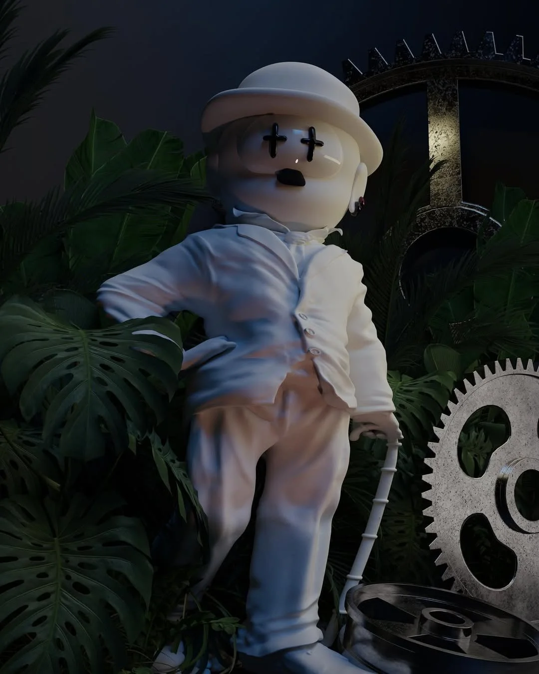 A person in a white outfit and hat, wearing a mask with crosses over the eyes, surrounded by large green tropical leaves, with gears and machinery in the background at night.