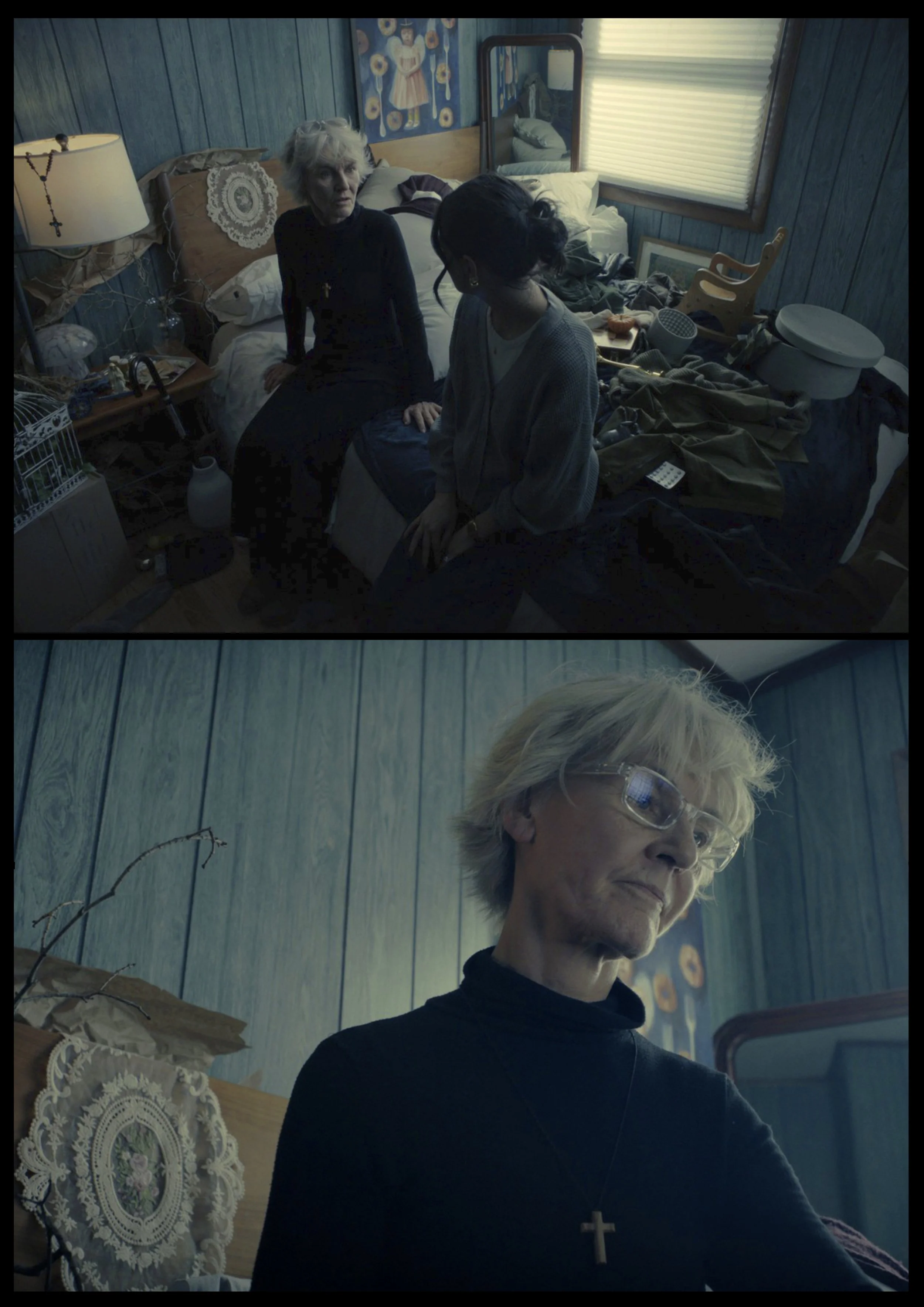 An elderly woman and a middle-aged woman sit on a bed in a cluttered bedroom with wood-paneled walls; another elderly woman with glasses and a cross necklace is shown in a close-up shot in the same room.