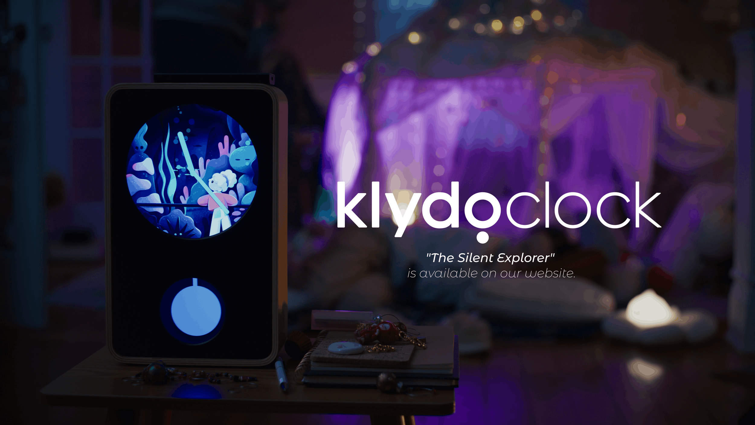 A digital advertisement featuring Klydoclock, called 'The Silent Explorer,' with a glow-in-the-dark clock display on a smartphone screen, set against a blurred background of purple lights and decorations, with text promoting the product's website.