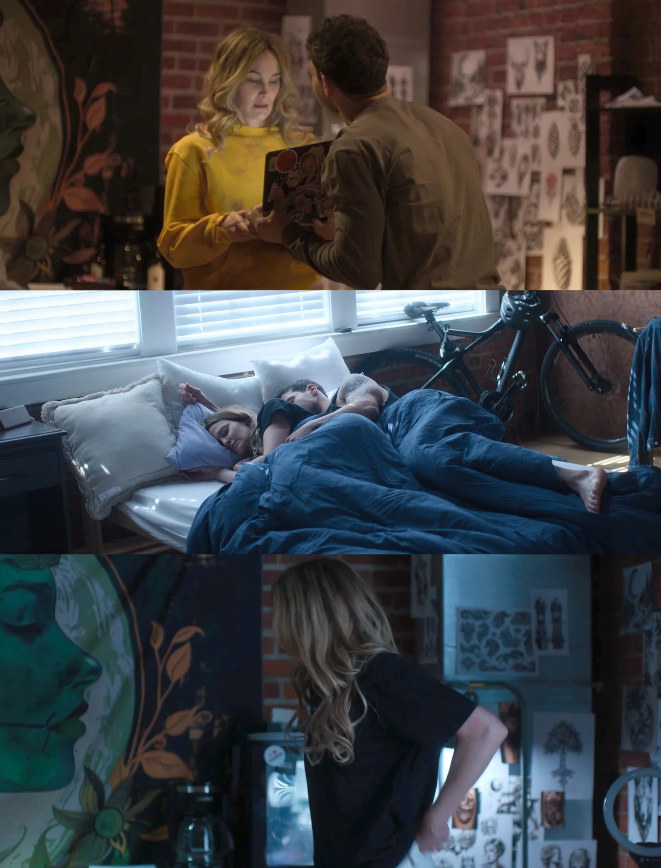 Three scenes showing a woman in different settings: in the first, she is in an art studio looking at artwork with a man; in the second, she is sleeping next to a man in a bedroom; in the third, she is looking at art on a wall in a room with tattooed wall art.
