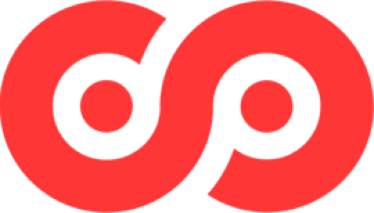 Red and black abstract logo resembling stylized infinity symbols.