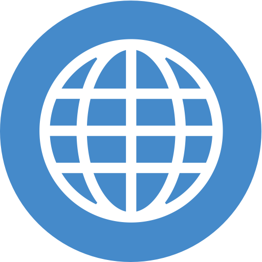 A globe icon with latitude and longitude lines on a blue circular background.