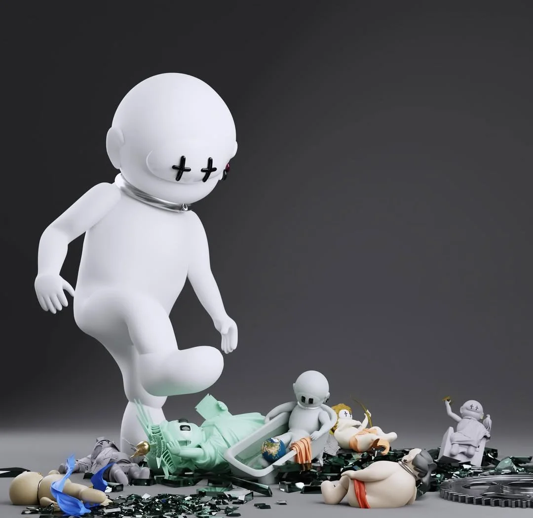 A large white cartoon-style humanoid figure with a silver collar stands among broken miniature figures of people, some lying on the ground and some lying in bathtubs, with a dark background.