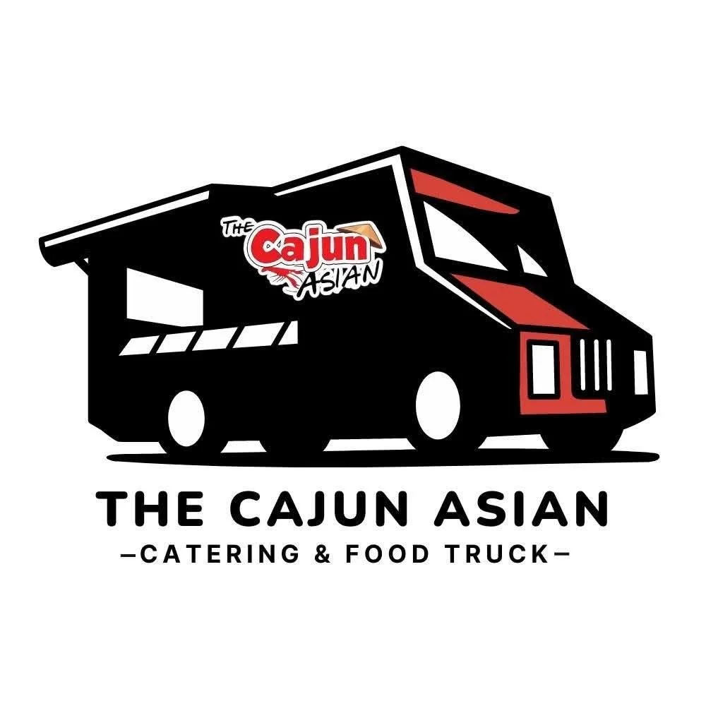 A logo for The Cajun Asian catering and food truck featuring a black and red truck illustration with the business name and description.