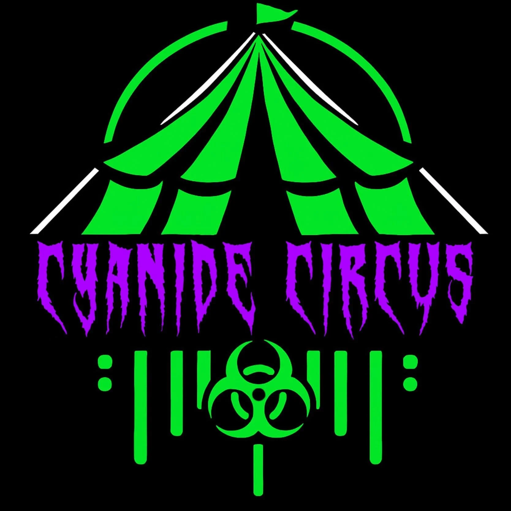 A neon-style graphic of a circus tent with green and purple colors, the text 'Cyanide Circus' in purple, and a biohazard symbol with dripping lines underneath.