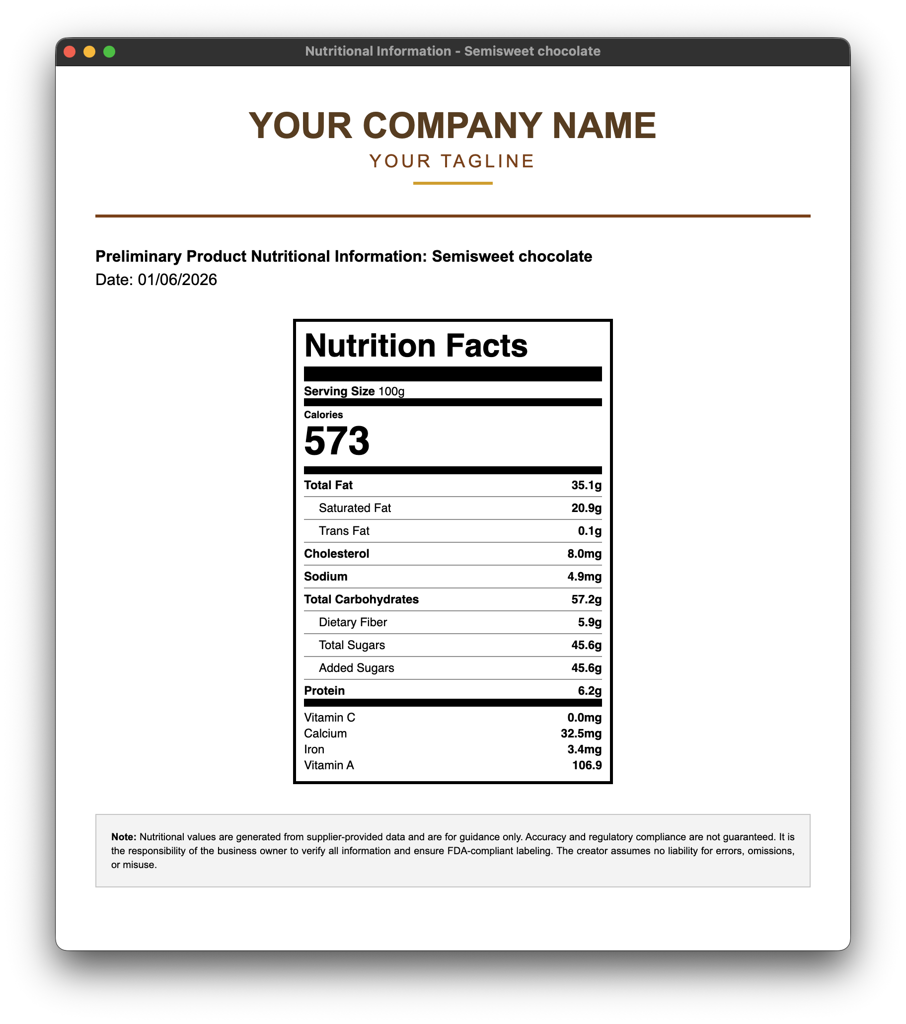 Nutritional label for semisweet chocolate, showing serving size, calories, fat, cholesterol, sodium, carbohydrates, fiber, sugars, protein, and vitamins and minerals.