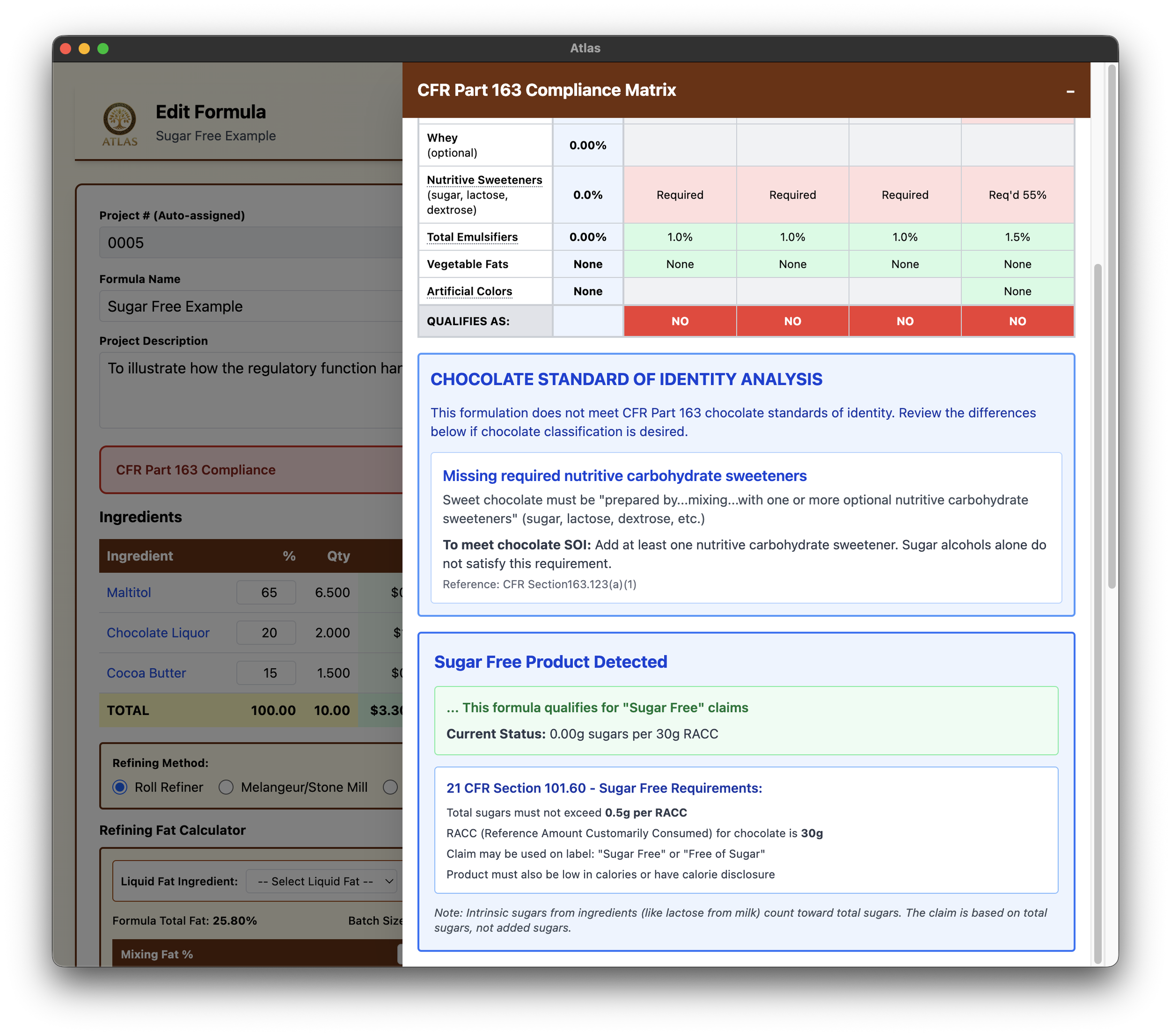 Screenshot of a software interface for a sugar-free chocolate product formulation, including compliance matrix, ingredients list, and analysis results.
