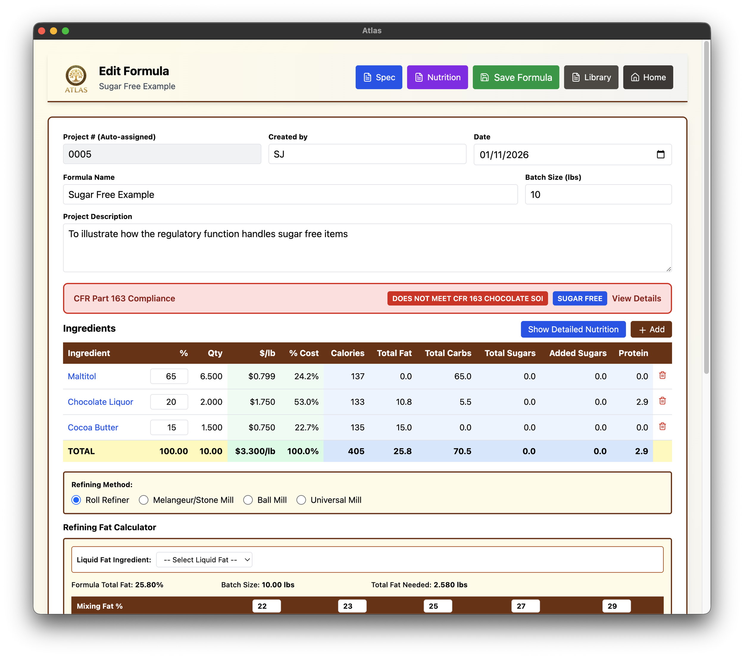 Screenshot of a software application interface for editing a formula called 'Sugar Free Example' on the Atlas platform, showing ingredients, nutritional information, and compliance issues.