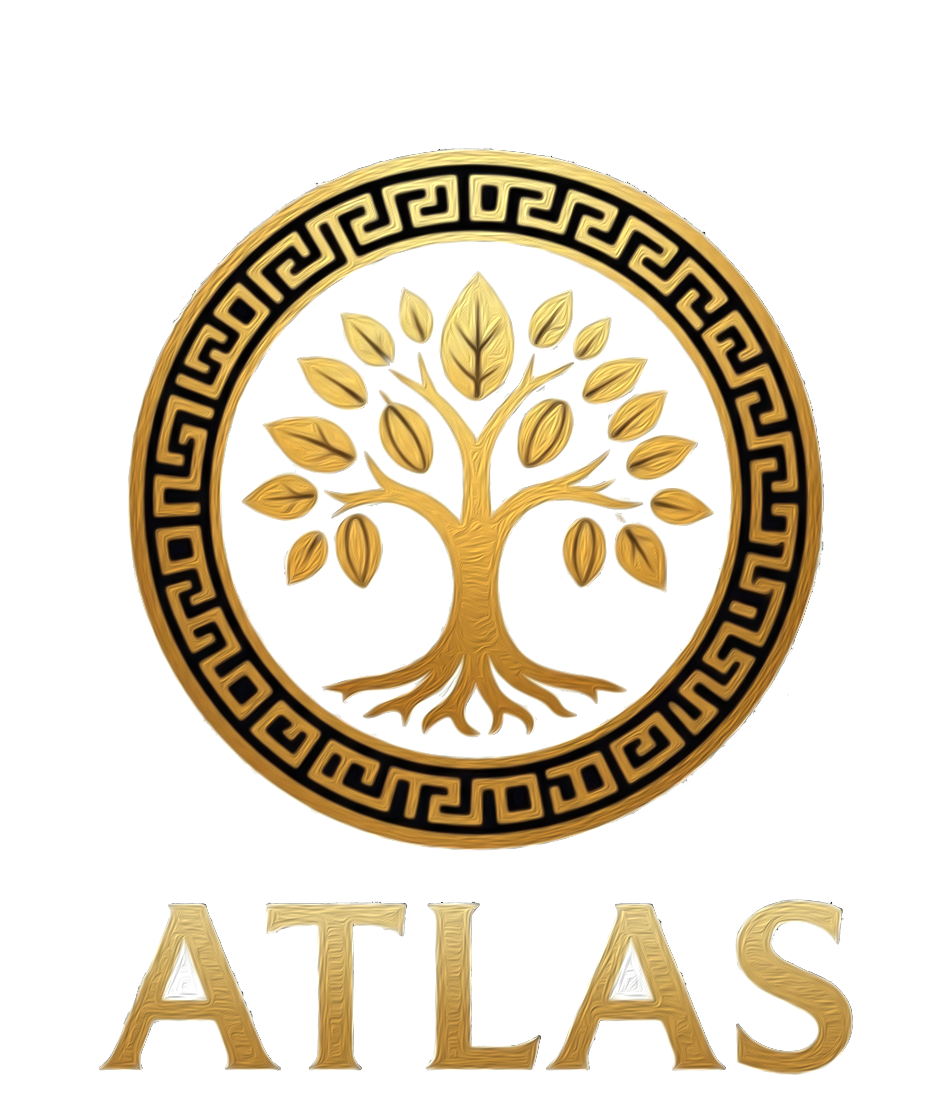 A golden emblem with a detailed tree inside a circle, surrounded by a Greek key pattern, and the word 'ATLAS' in gold 3D letters below.