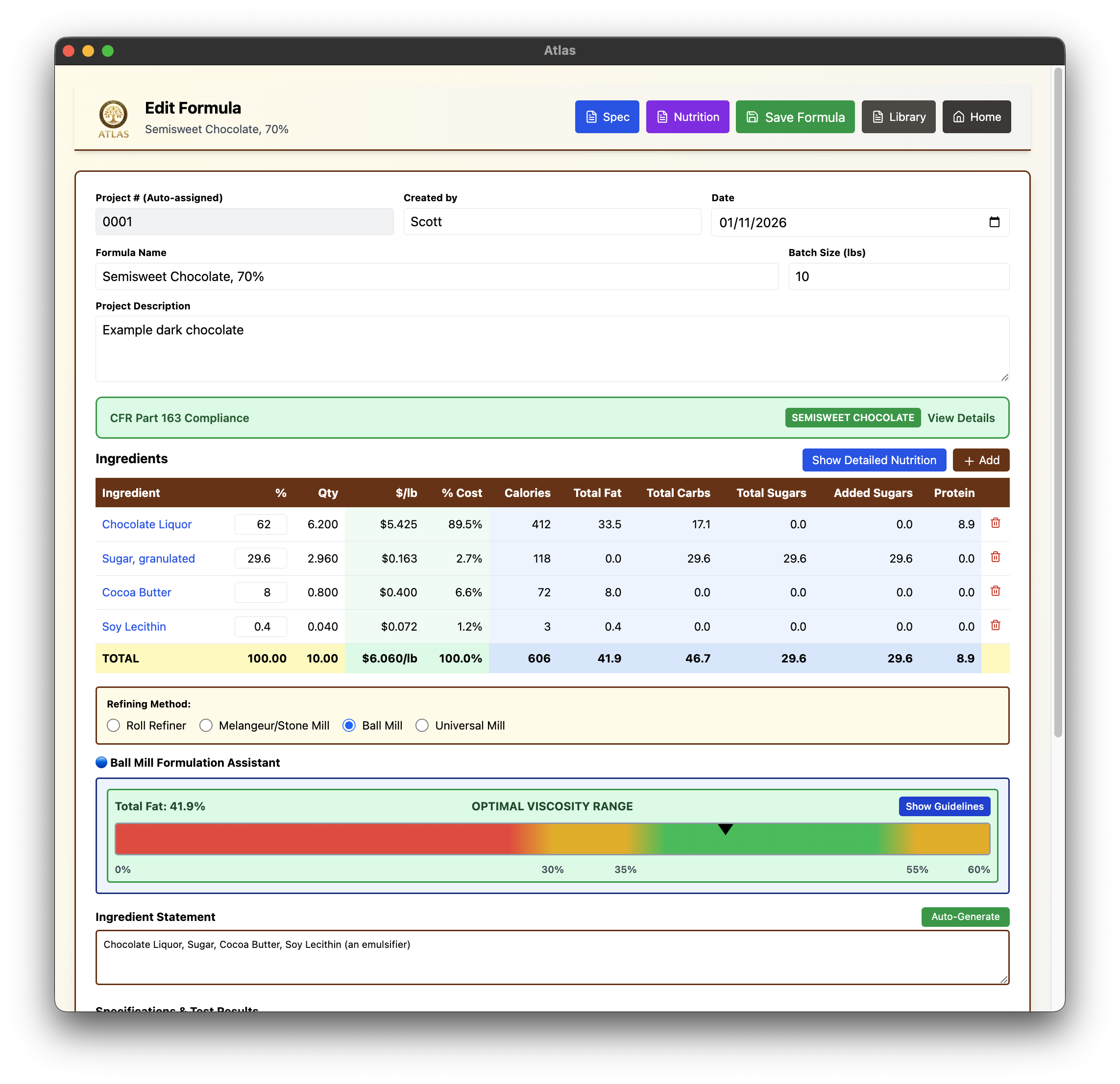 A computer screen showing a chocolate formula editing interface with ingredients listed, including chocolate liquor, sugar, cocoa butter, and soy lecithin, along with nutritional data and refining method options.