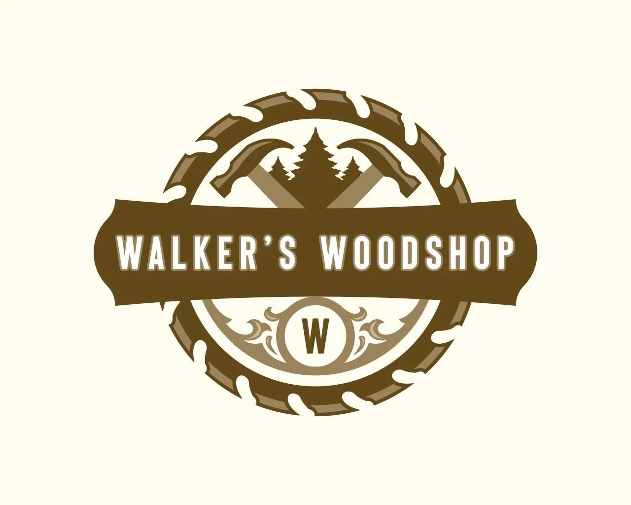 Logo for Walker's Woodshop featuring a circular saw blade, trees, and decorative elements, with the text "Walker’s Woodshop" and a letter "W".