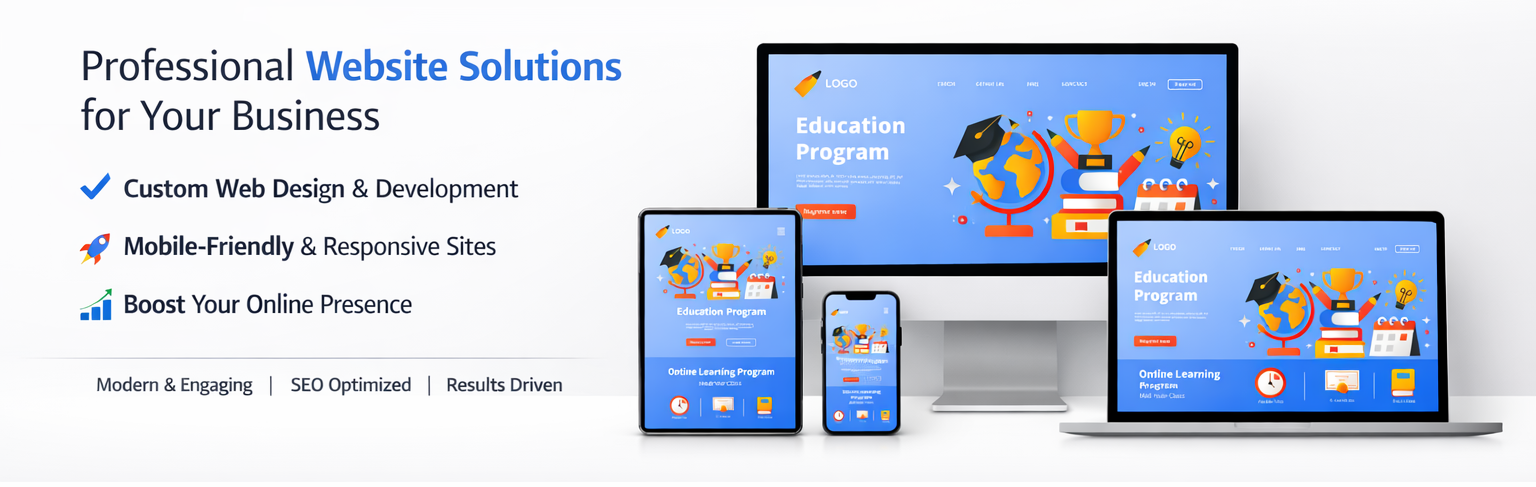 A digital advertisement for website solutions displayed on multiple devices including a desktop monitor, laptop, tablet, and smartphone. The ad highlights custom web design, mobile-friendly sites, and online presence enhancement with a visual of educational icons like a globe, books, and a trophy.