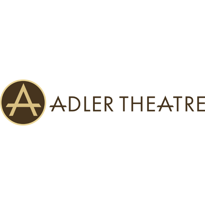 Logo for Adler Theatre featuring a stylized letter A inside a circle and the text 'Adler Theatre' written horizontally.