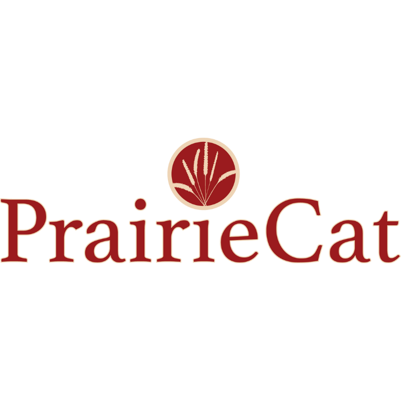 PrairieCat logo with a stylized plant inside a circle above the text 'PrairieCat' in maroon color.